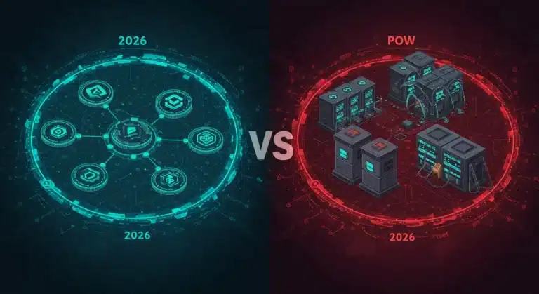 Comparativa visual de Proof of Stake (PoS) y Proof of Work (PoW) en una red blockchain segura para 2026.