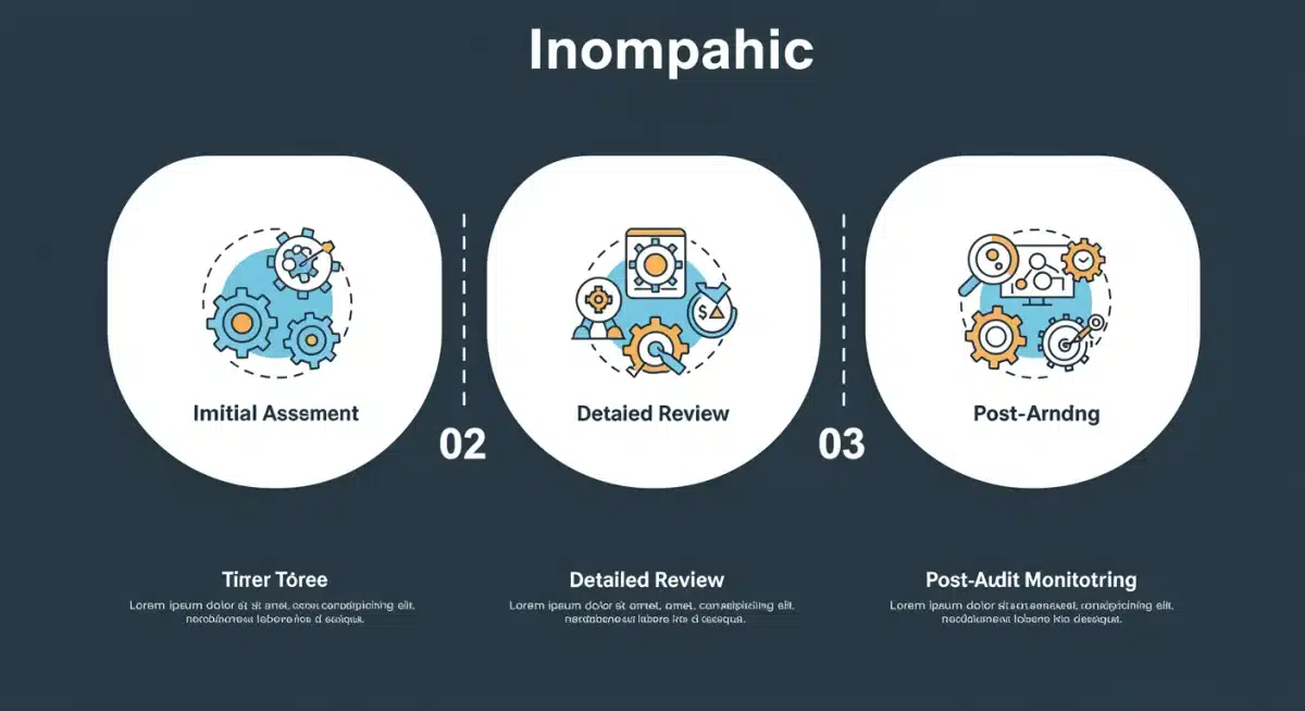 Diagrama de flujo de tres pasos para auditorías de seguridad en smart contracts: evaluación, revisión y monitoreo.