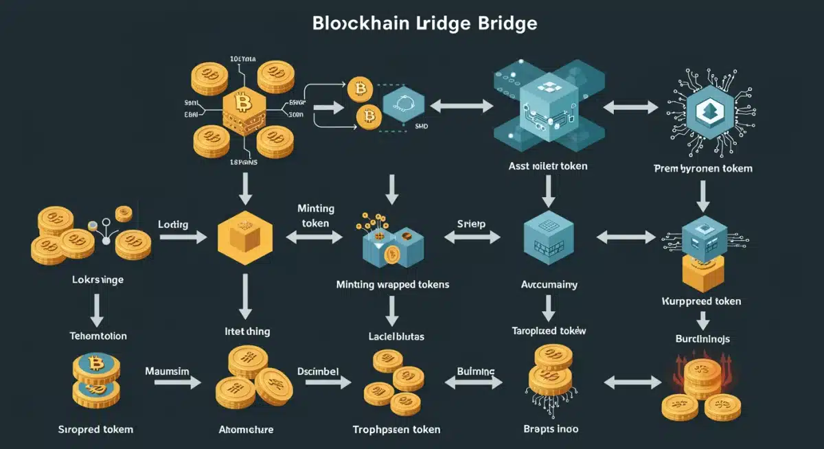 Diagrama explicativo del proceso de transferencia de activos a través de un puente blockchain, detallando los pasos clave.
