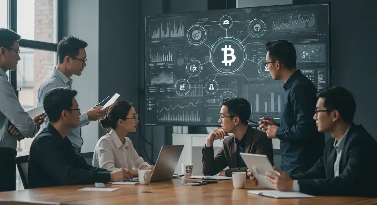 Profesionales discutiendo datos de blockchain y finanzas descentralizadas en una oficina moderna.