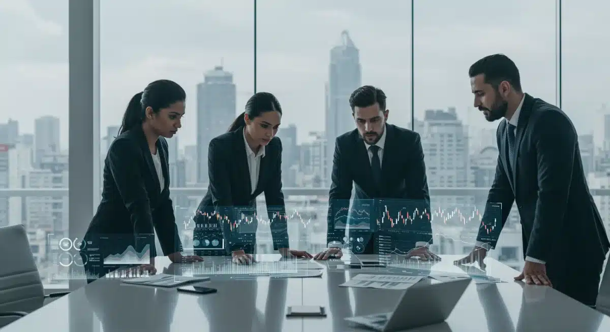 Profesionales de negocios analizando datos de mercado de criptomonedas en proyecciones holográficas, representando decisiones estratégicas de inversión institucional.