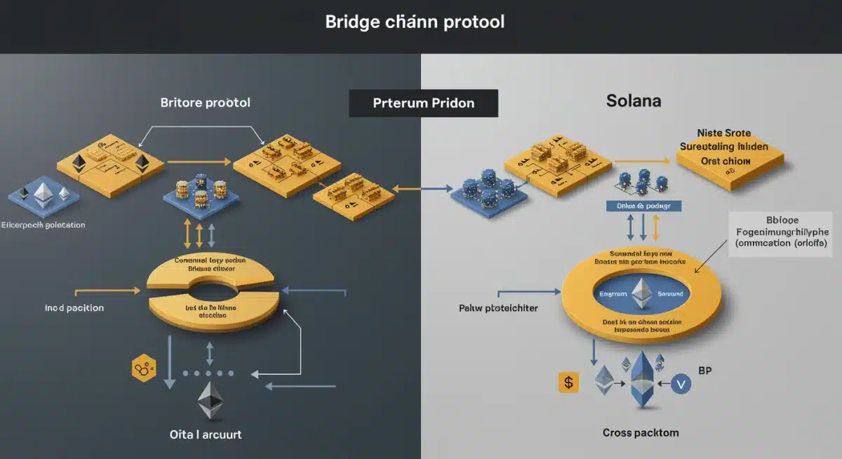 Ilustración de un protocolo puente (bridge) conectando dos blockchains diferentes para la transferencia de datos.