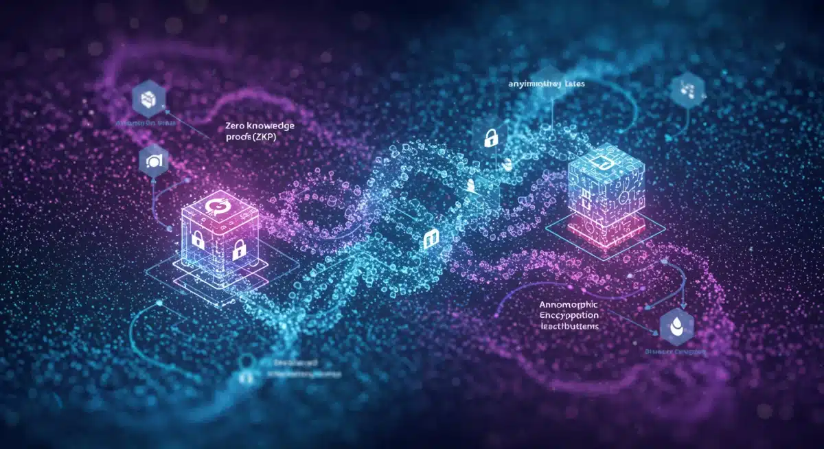 Ilustración de protocolos de privacidad avanzados como ZKPs y cifrado homomórfico en blockchain.