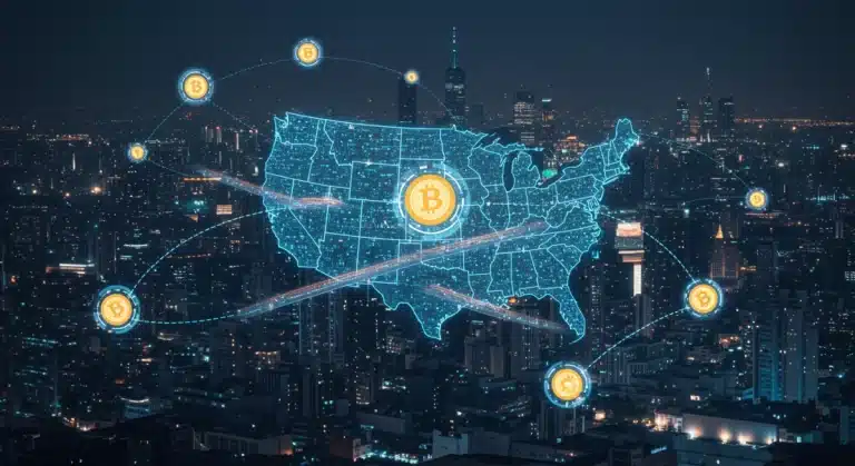 Representación visual de cómo los puentes blockchain conectan diferentes redes de cadena de bloques para transferir activos digitales en Estados Unidos.