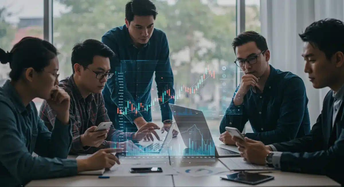 Inversores analizando gráficos de precios de altcoins en una pantalla holográfica, debatiendo el impacto de las políticas regulatorias estadounidenses.