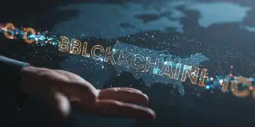 Red blockchain futurista con nodos interconectados sobre un mapa sutil de Estados Unidos, simbolizando la innovación tecnológica y la conectividad en el mercado estadounidense.