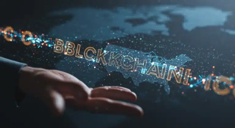 Red blockchain futurista con nodos interconectados sobre un mapa sutil de Estados Unidos, simbolizando la innovación tecnológica y la conectividad en el mercado estadounidense.