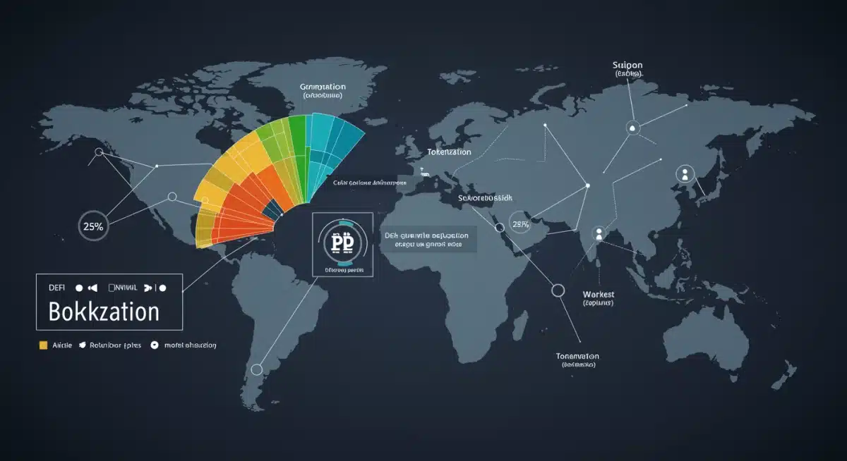 Red blockchain con nodos interconectados, destacando sectores de DeFi y tokenización con crecimiento del 25%.