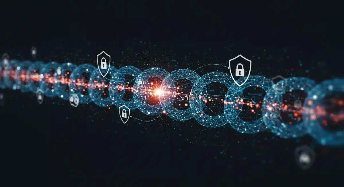 Red interconectada de nodos blockchain con escudos de seguridad, simbolizando la protección de datos.