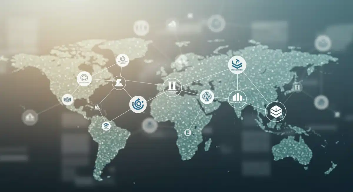 Nodos de blockchain interconectados con logos universitarios, mostrando el impacto global de la investigación.