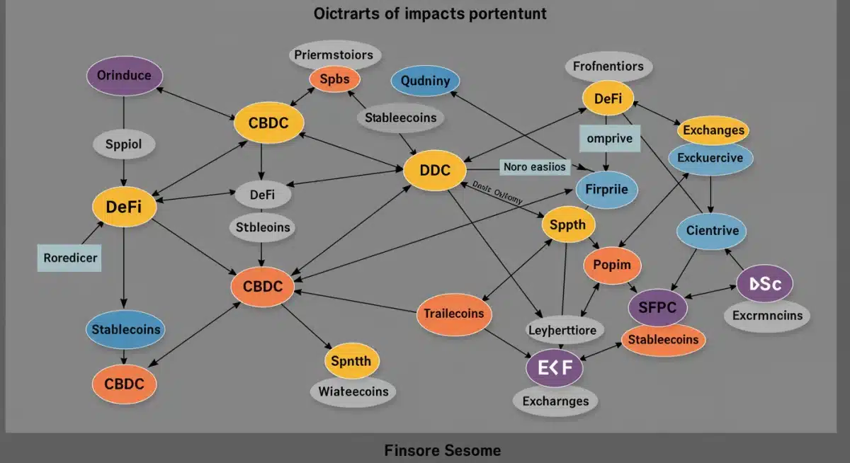 Diagrama de red que muestra la interconexión entre CBDC y el ecosistema cripto existente.