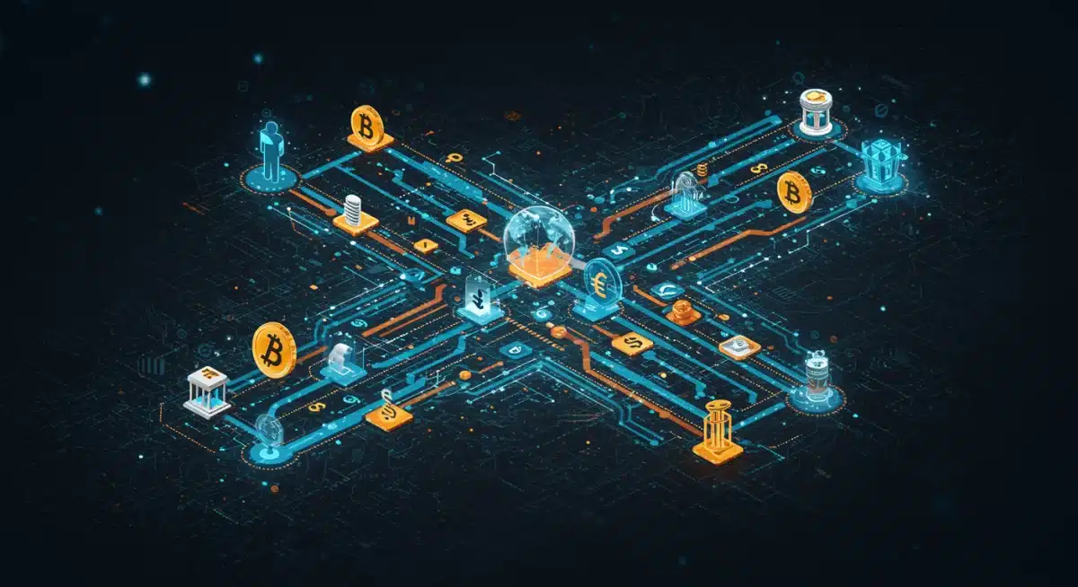 Red financiera digital interconectada por blockchain y criptomonedas.