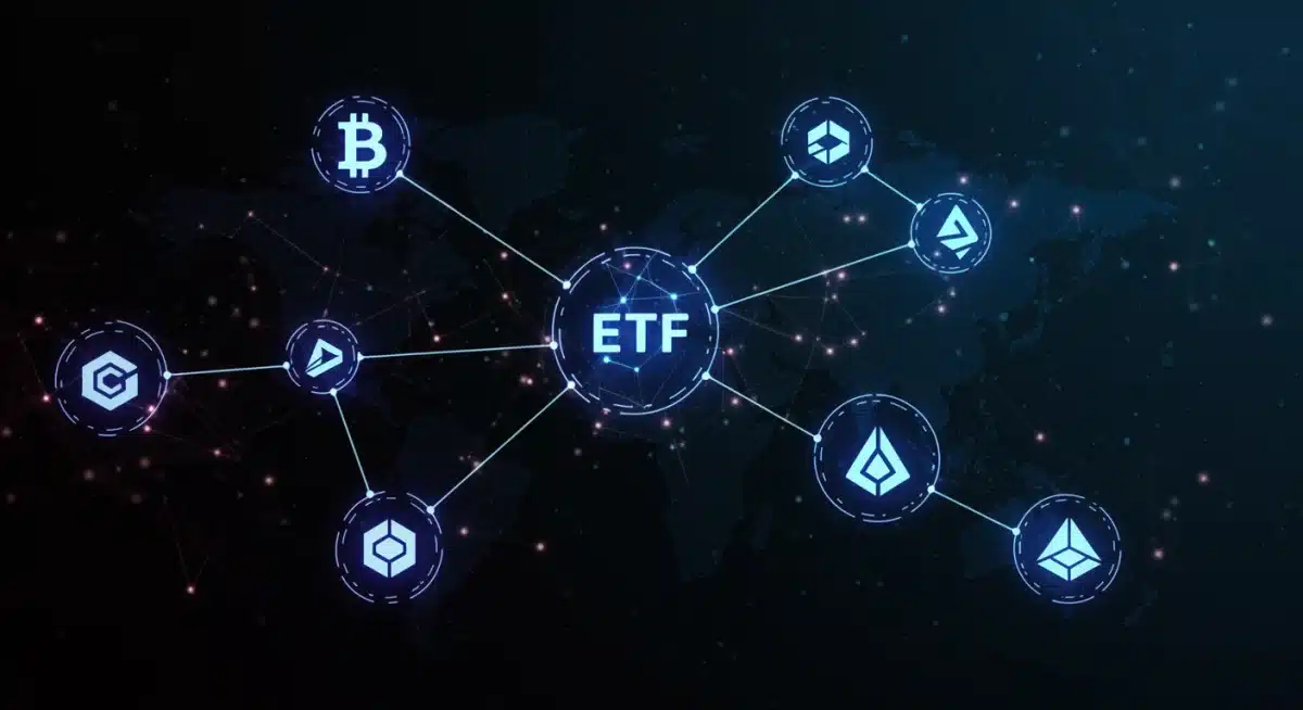 Red interconectada de exchanges y fondos de liquidez, con un ETF central como eje de la actividad del mercado cripto.