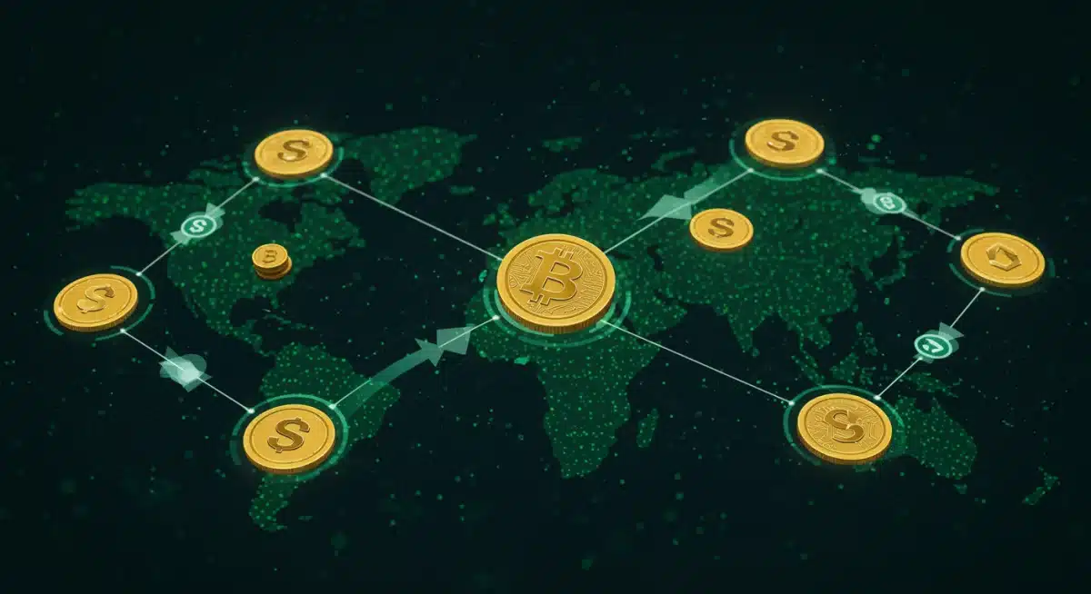 Representación visual de una red Proof of Stake (PoS) con validadores y criptomonedas en staking.