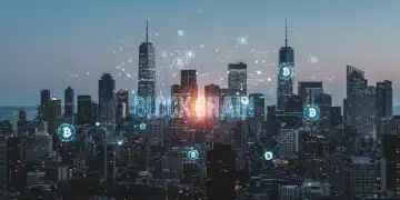 Redes blockchain interconectando rascacielos en una ciudad futurista de Estados Unidos, simbolizando el crecimiento de la adopción.