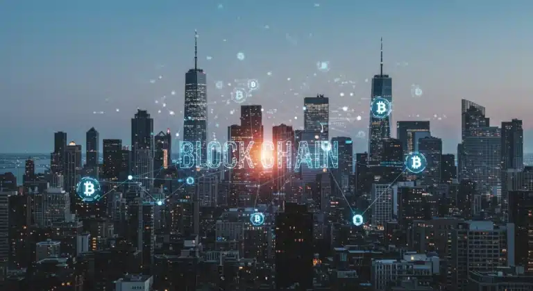 Redes blockchain interconectando rascacielos en una ciudad futurista de Estados Unidos, simbolizando el crecimiento de la adopción.