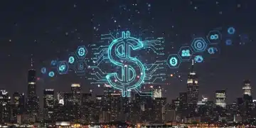 Representación digital del dólar estadounidense con elementos blockchain y un horizonte urbano, simbolizando la regulación de stablecoins en EE. UU.