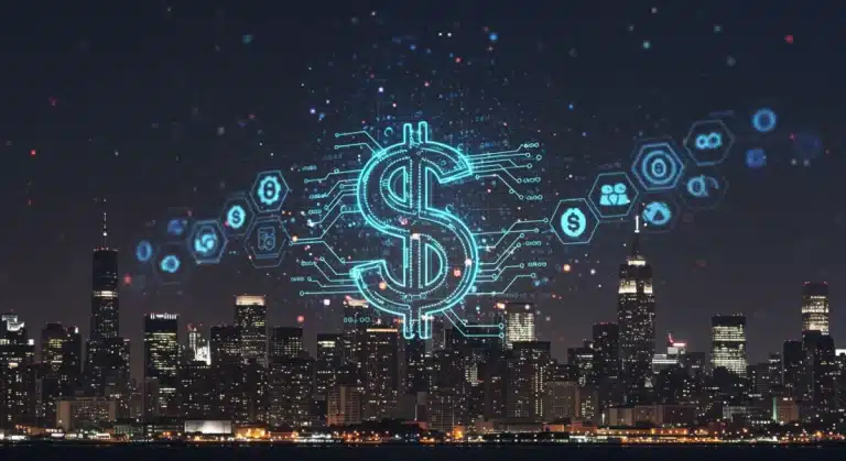 Representación digital del dólar estadounidense con elementos blockchain y un horizonte urbano, simbolizando la regulación de stablecoins en EE. UU.