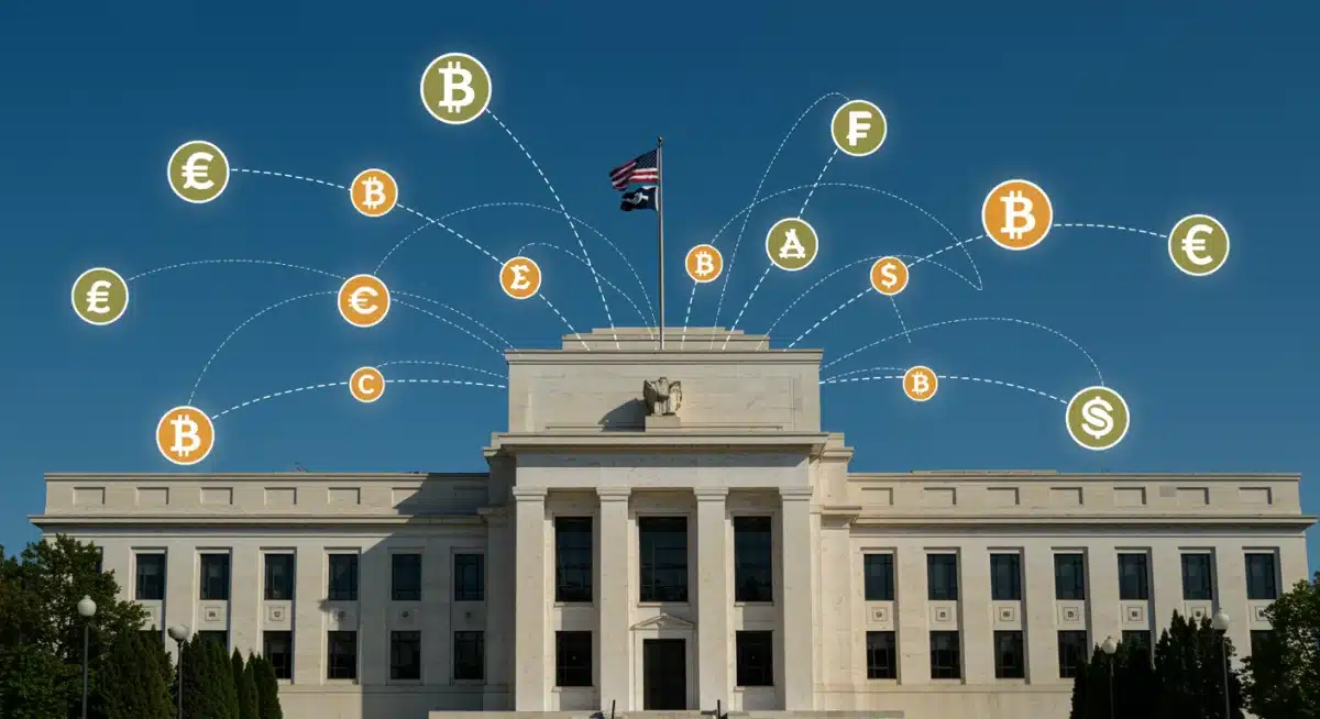 Edificio de la Reserva Federal y su influencia en el mercado de criptoactivos mediante políticas monetarias.