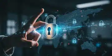 Cerradura digital futurista sobre red blockchain, simbolizando la seguridad avanzada de datos para empresas en EE. UU. en 2026.