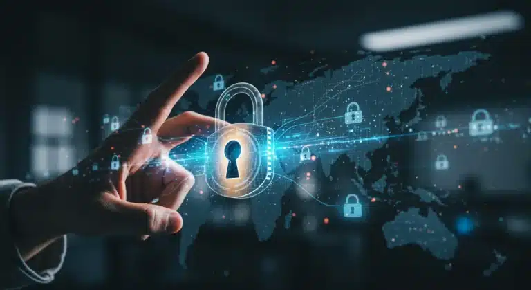 Cerradura digital futurista sobre red blockchain, simbolizando la seguridad avanzada de datos para empresas en EE. UU. en 2026.