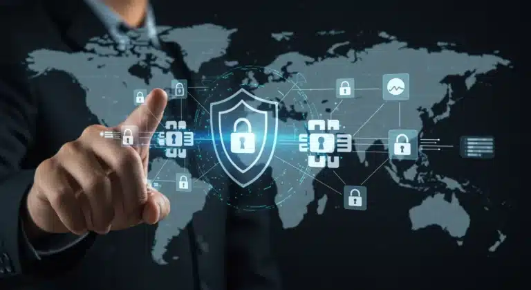 Red blockchain segura con smart contracts y un escudo protector, representando la robustez del código en Estados Unidos 2026.