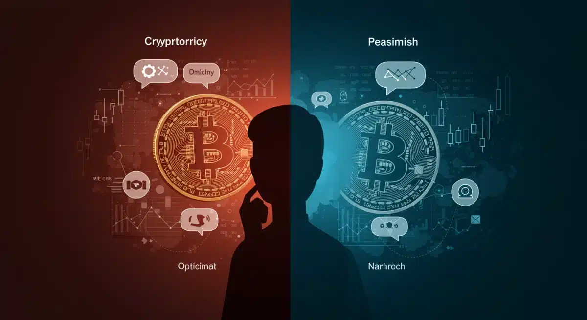 Representación visual del sentimiento del inversor y la psicología del mercado de Bitcoin, con elementos que sugieren optimismo y pesimismo.