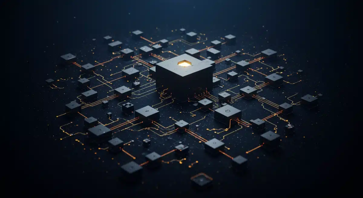 Red compleja de nodos y bloques interconectados, ilustrando el mecanismo de sharding de Ethereum 2.0 y su escalabilidad.