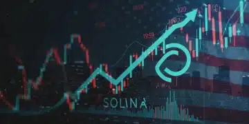 Gráfico de predicción de precio de Solana para 2026 con elementos tecnológicos y financieros.