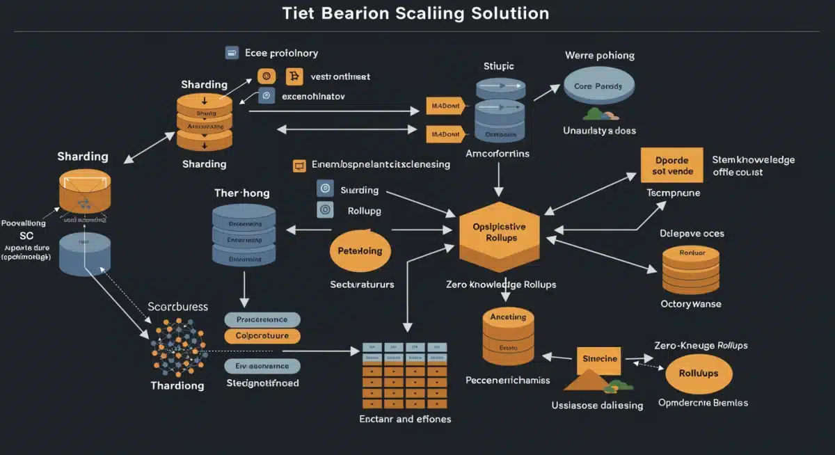 Diagrama explicativo de las soluciones de escalado en blockchain, incluyendo rollups y sharding.