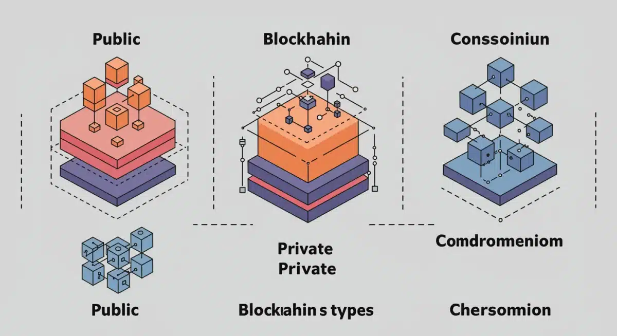 Diagrama comparativo de tipos de redes blockchain: públicas, privadas y de consorcio, destacando sus características distintivas y aplicaciones empresariales.