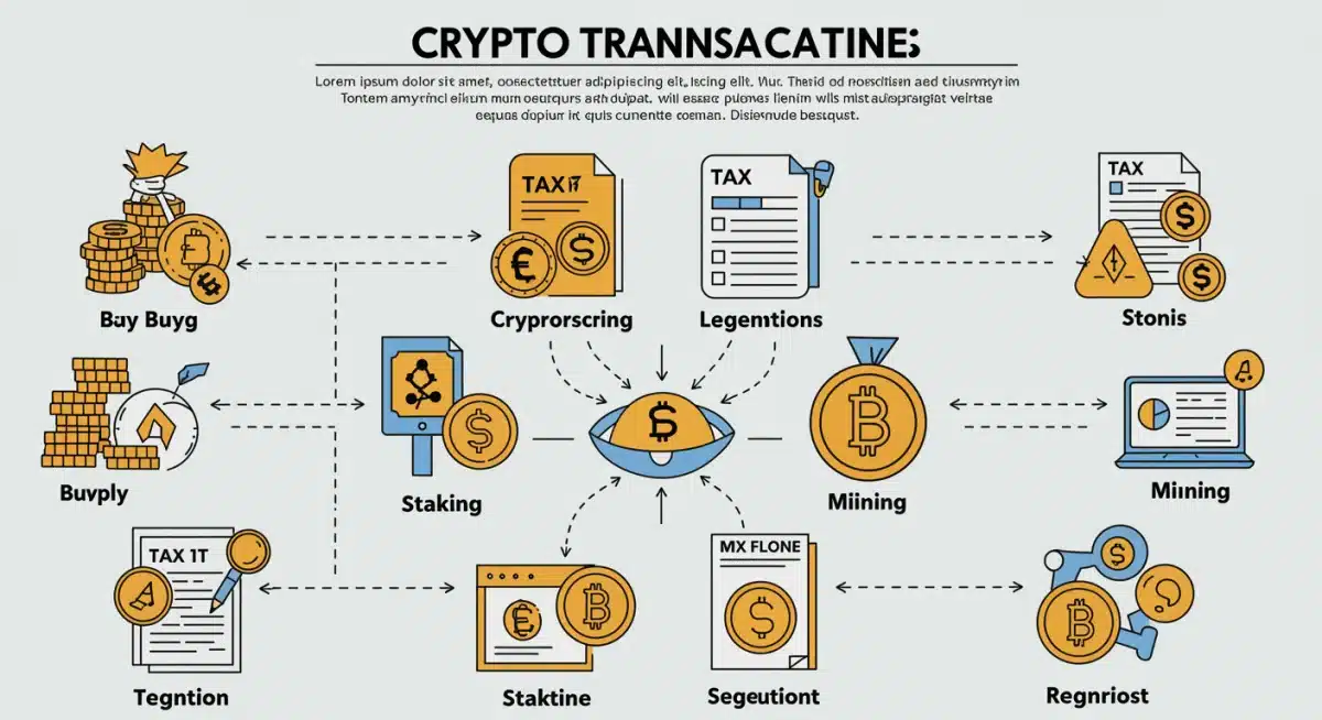 Diagrama de transacciones de criptomonedas y sus implicaciones fiscales.
