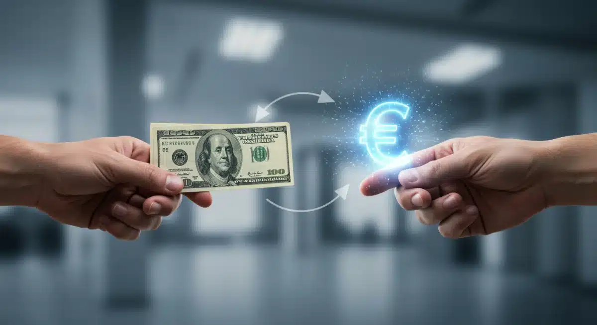 Manos simbolizando la transición del dinero físico a la moneda digital, con un fondo de instituciones financieras borrosas.