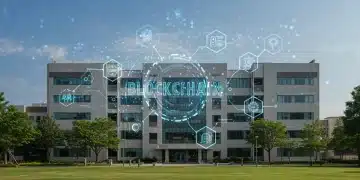 Edificio universitario futurista con elementos blockchain, simbolizando la investigación avanzada.