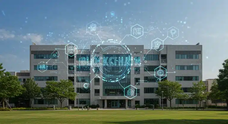 Edificio universitario futurista con elementos blockchain, simbolizando la investigación avanzada.