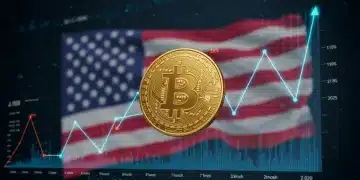 Gráfico que muestra un cambio del 18% en el volumen de trading de Bitcoin en EE. UU. durante tres meses, con elementos gráficos de mercado y la bandera estadounidense.