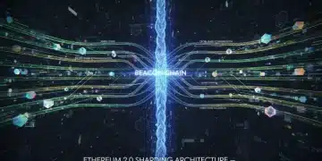 Arquitectura de sharding de Ethereum 2.0 mostrando múltiples cadenas paralelas procesando transacciones rápidamente.