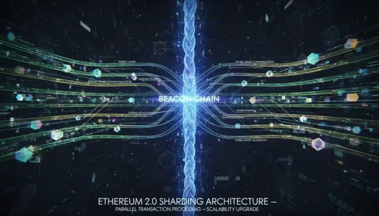 Arquitectura de sharding de Ethereum 2.0 mostrando múltiples cadenas paralelas procesando transacciones rápidamente.