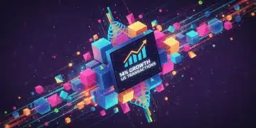 NFTs en EE.UU.: Crecimiento del 14% y Oportunidades de Mercado Arte digital abstracto representando el dinámico crecimiento del mercado NFT en Estados Unidos, con formas geométricas y un gráfico ascendente.