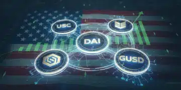Cripto en EE.UU.: Auge del 25% en Stablecoins ante Inflación Gráfico digital mostrando el crecimiento del 25% de stablecoins en EE.UU. en un entorno inflacionario.