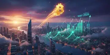 Gráfico ascendente de Bitcoin con el logo sobre un horizonte de ciudad, simbolizando el nuevo máximo histórico en mayo de 2026.