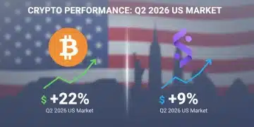 Bitcoin vs. Solana en EE.UU.: Rendimientos Q2 2026 Gráfico comparativo de rendimientos de Bitcoin (22%) y Solana (9%) en el mercado de EE.UU. durante el segundo trimestre de 2026.