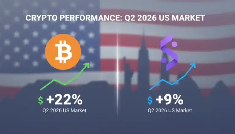 Gráfico comparativo de rendimientos de Bitcoin (22%) y Solana (9%) en el mercado de EE.UU. durante el segundo trimestre de 2026.