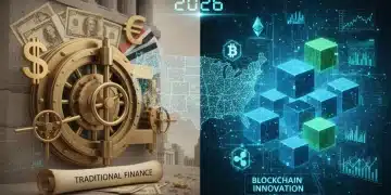 Blockchain vs. Banca Tradicional en Ahorro en EE.UU. (2026) Comparativa visual entre los sistemas de ahorro de blockchain y la banca tradicional en Estados Unidos para 2026.