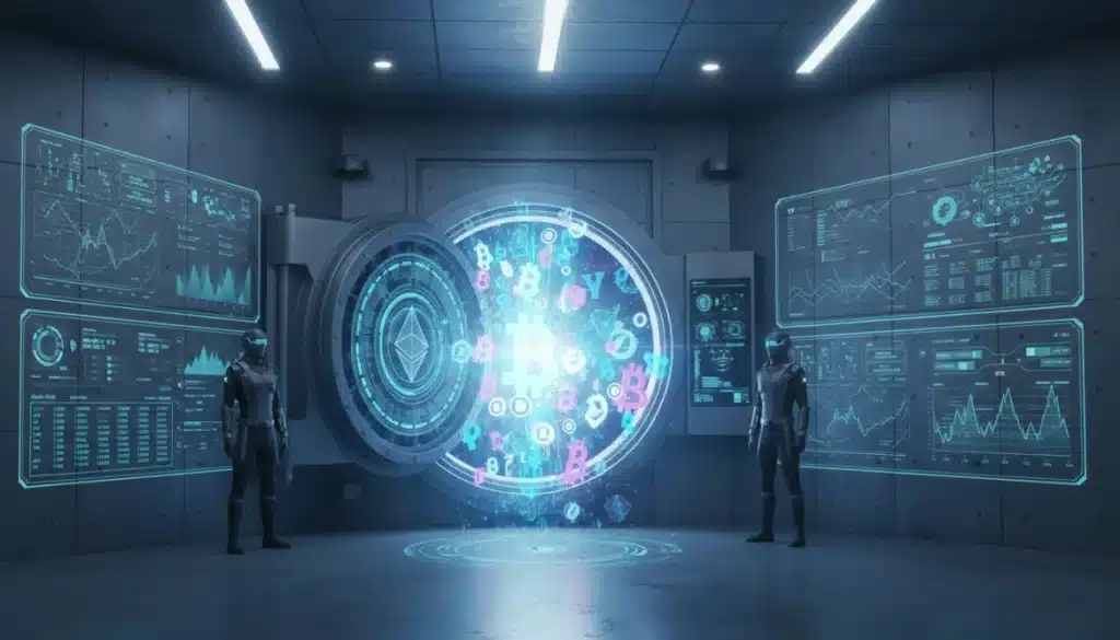 Bóveda bancaria moderna con elementos digitales que simbolizan criptomonedas, representando la custodia segura de activos digitales.