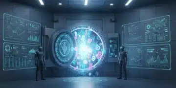 Bóveda bancaria moderna con elementos digitales que simbolizan criptomonedas, representando la custodia segura de activos digitales.