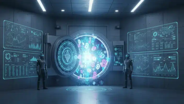 Bóveda bancaria moderna con elementos digitales que simbolizan criptomonedas, representando la custodia segura de activos digitales.