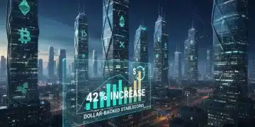 Gráfico futurista mostrando el crecimiento del 42% en el volumen de transacciones de stablecoins respaldadas por dólar para 2026, con elementos de finanzas digitales y blockchain.