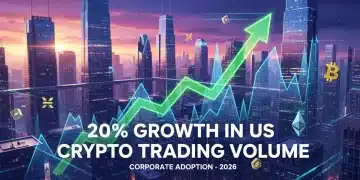 Gráfico ascendente de criptomonedas sobre un fondo de edificios corporativos, simbolizando el aumento del volumen de trading en EE. UU. por adopciones empresariales.