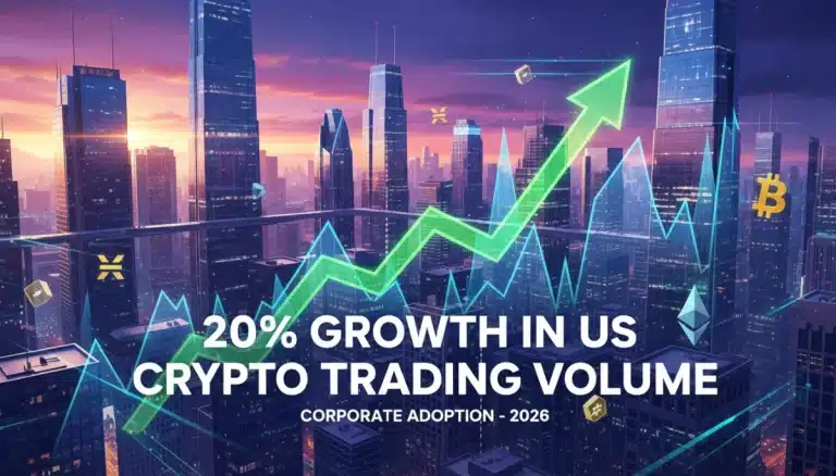 Gráfico ascendente de criptomonedas sobre un fondo de edificios corporativos, simbolizando el aumento del volumen de trading en EE. UU. por adopciones empresariales.